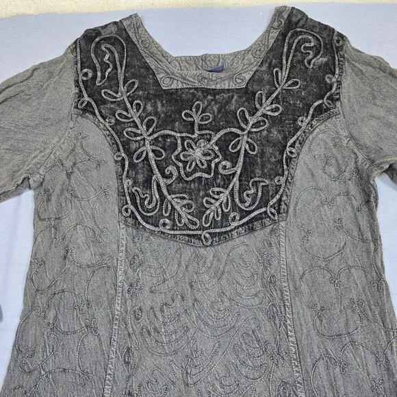 Sacred Thread Gray Embroidered Long Sleeve Maxi Dress Free Size Boho Velvet - Picture 5 of 7